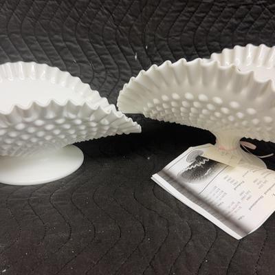 Pair of Vintage Fenton Hobnail Milk Glass Banana Bowls