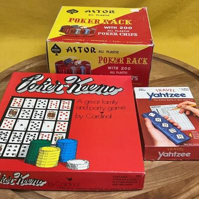 Lot of vintage games including Poker-Keeno, Astor Poker Rack, and Travel Yahtzee