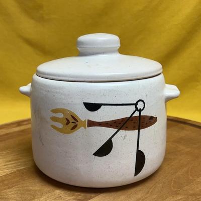 Vintage West Bend speckled stoneware crock with lid and utensil decoration