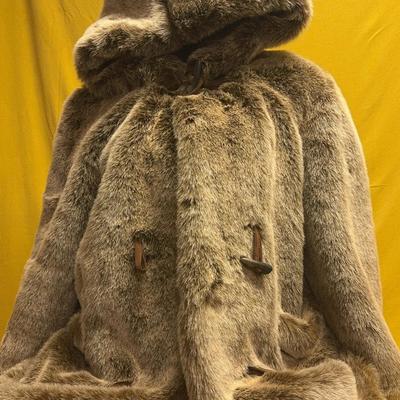 Scandinavian Faux Fur Hooded Coat – Size Small – Gray/Brown Toggle Closure