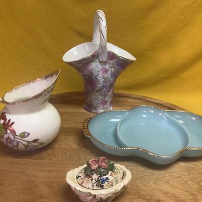 Vintage Fire King Delphite blue candy dish, capodimonte potpourri dish, chintz basket & creamer 
