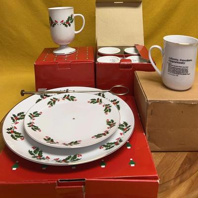 Vintage porcelain tidbit server & 8 pedestal mugs with holly berry motif, and set of 4 liberty cups
