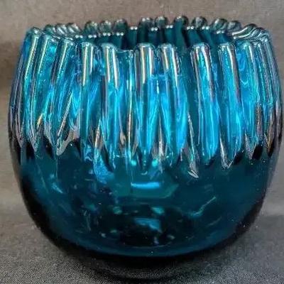 Blue Blenko Rose Bowl, Crimped 1950s