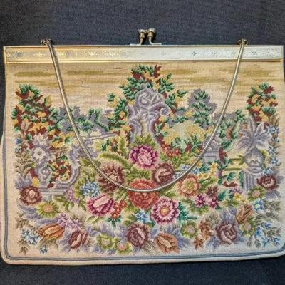 Petit Point Evening Bag Silver-tone Metal Frame & Chain