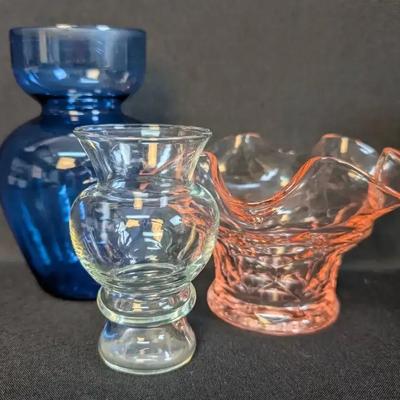 Pink Ruffled Glass, Colbalt Blue Vase & Other