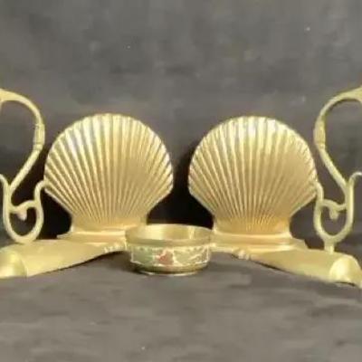 Brass Shell Bookends & Candle Sconces 