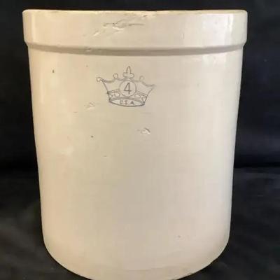 4-gallon Robinson Ransbottom Blue Crown Stoneware Crock. 

