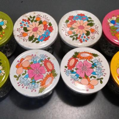 1970s Ball Quilted Crystal Glass Jelly Jars Metal Flower Lids 