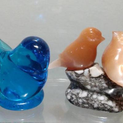 Blue Bird of Happiness & Peach Selenite Doves Atop a Marble Base
