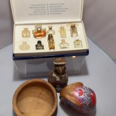 Mini Perfume Bottles, Wood Elephant, Olive Wood Bowl, &  Mexican Statue 