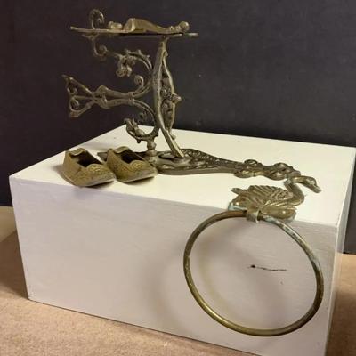 Brass Decor-Towel Ring w/Swan, Figural Hook, Shoes