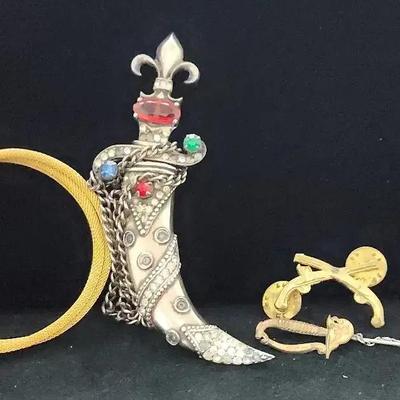 Coiled, Expandable Gold-Tone Snake Bracelet w/ Green Eyes, Sword Pins