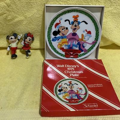 Walt Disney 1975 Collectors Christmas Plate And 2 Porcelain Ornaments