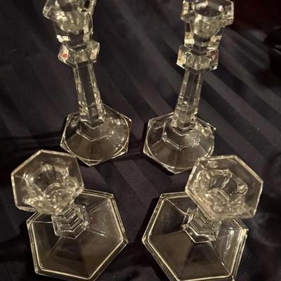 Elegant Vintage Clear Glass Candlesticks – Faceted Hex Bases – Set of 4