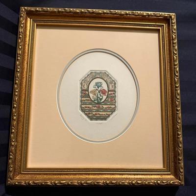 Framed Miniature Floral Artwork – Hand-Colored Botanical Design, Ornate Gilt Frame