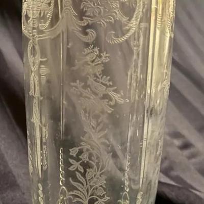 Vintage Etched Clear Glass Vase with Floral Scrollwork & Three-Footed Base