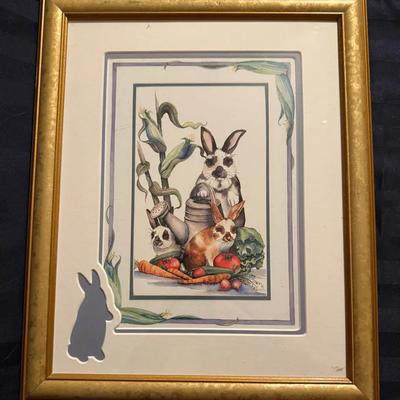 Charming Framed Bunny Garden Watercolor Print in Gold Frame