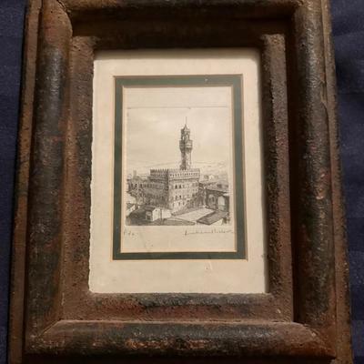 Framed European Architectural Etching – Tower & Cityscape, Rustic Frame