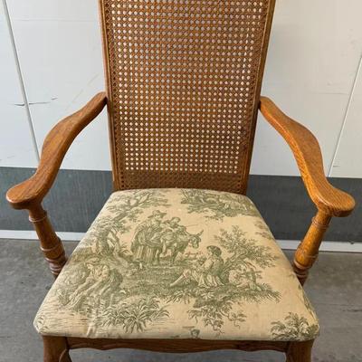 Vintage Cane-Back Armchair with Upholstered Seat – Carved Wood