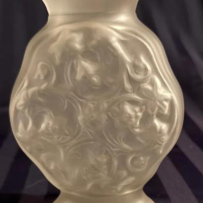 Vintage Frosted Satin Glass Vase with Floral Relief Design 