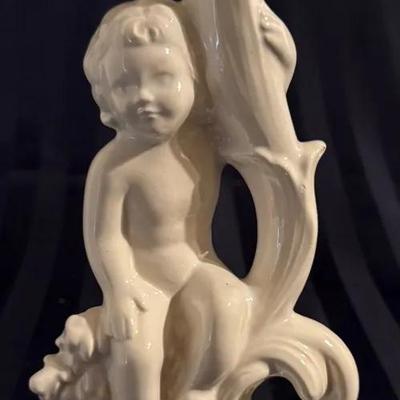 Vintage White Porcelain Cherub Vase – Figural Putti with Scroll Handle