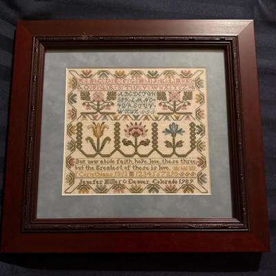 Framed Antique-Style Sampler Cross Stitch – “Faith, Hope & Love” (1989)