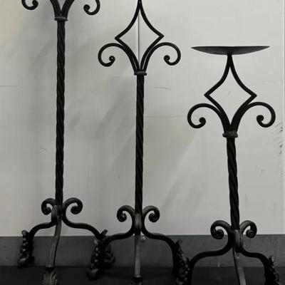 Set of 3 Hand-Forged Wrought Iron Floor Candlesticks – Graduated Heights