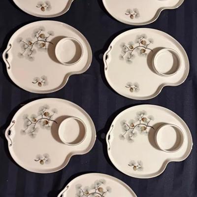 Vintage Porcelain Snack Plates w/ Dip Cups – Pinecone & Branch Design (Set of 7)