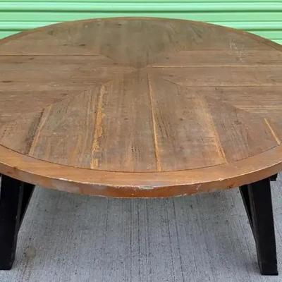 Rustic Round Wooden Coffee Table – Plank Top – Black Wood Base – 36″ Diameter 