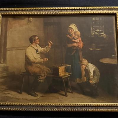 Antique Framed 19th-Century Genre Scene Print – Family Interior with Birdcage