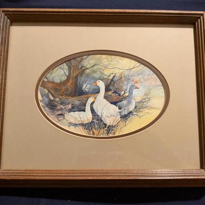 Framed Watercolor “White Geese” by Frances Campbell – Oval Mat, Rustic Wood Frame