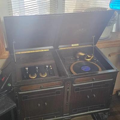 Early radio and phonograph combination console by Colin B. Kennedy Co. with Victor turntable.