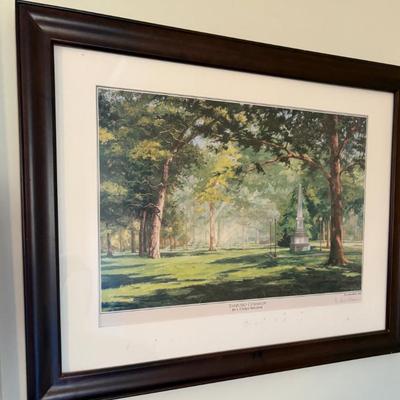 Framed landscape print, wooded park scene, appears signed, traditional décor style