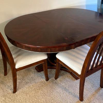 Round wooden dining table w/pedestal base and matching wooden dining upholstered seats traditional style