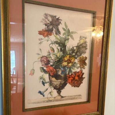 Framed floral print, vase arrangement, appears traditional décor