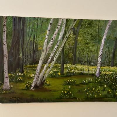 Original woodland landscape painting, appears hand-painted, featuring birch trees and forest floor in green tones.
