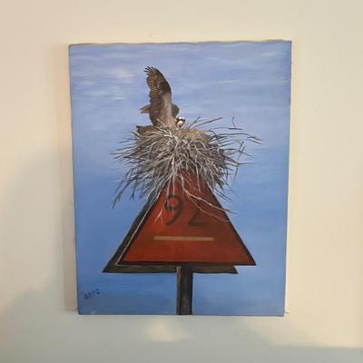 Original bird nest artwork, appears mixed-media painting of bird on nautical marker; signed, coastal decor.