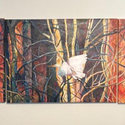 bird wall art, appears hand-painted woodland scene