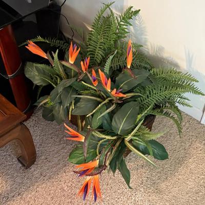 Artificial bird of paradise floor plant, appears faux tropical greenery with fern accents, decorative indoor plant