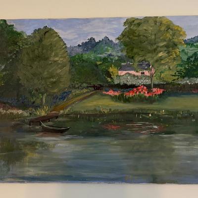 Original landscape painting, lakeside scene with trees and cottage, likely oil on canvas