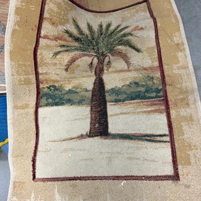 Tropical Palm Tree Area Rug with Beige Ground and Burgundy Border