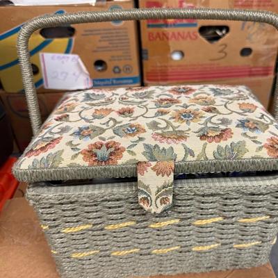 Vintage Floral Sewing Basket with Handle Filled with Thread, Pins, and Sewing Notions