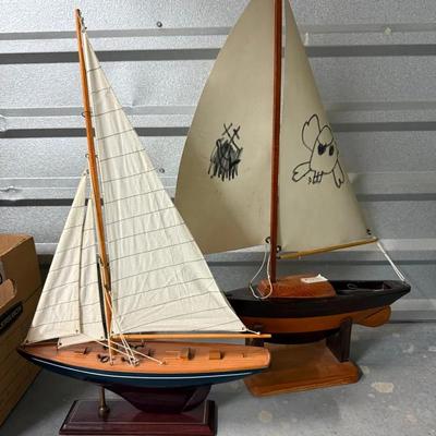 Set of Three Wooden Sailboat Model Ships with Fabric Sails on Display Stands