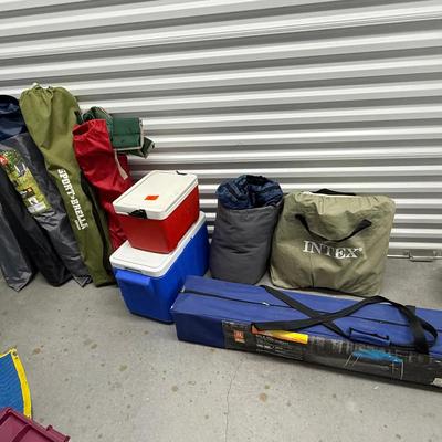 Large Camping and Outdoor Gear Lot with Chairs Coolers Tent and Air Mattress