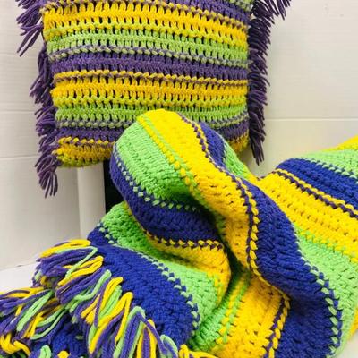Colorful Two-Piece Crochet Set a Afghan Throw and Fringe Pillow