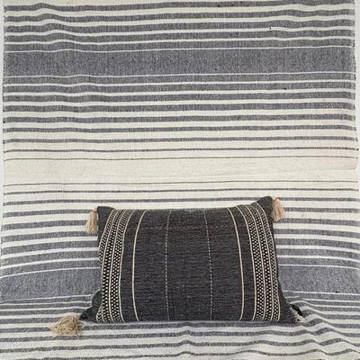 Cozy Gray Striped Blanket & Tassel Cushion Set