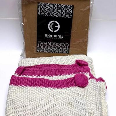 Cozy Cream Knit Throw with Purple Trim 