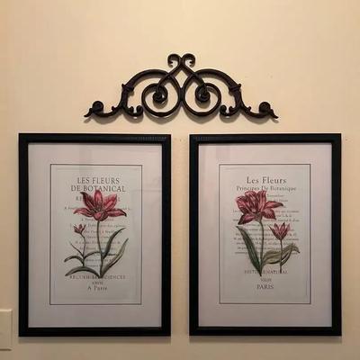 Framed “Les Fleurs” Botanical Prints (2) & Decor Above