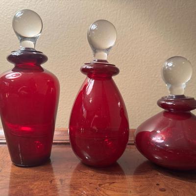 Three Hand Blown Ruby Red Glass Vanity Bottles 