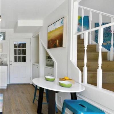 Sale Photo Thumbnail #79: Counter height white lacquer table and turquoise stools